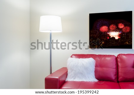Interior design with lamp and sofa with white pillow