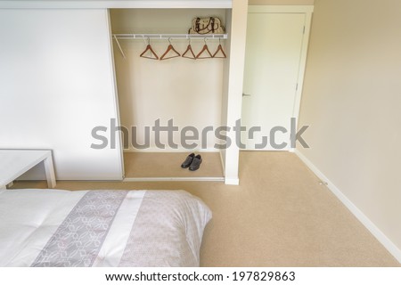 Empty closet, working closet, cupboard in bedroom.