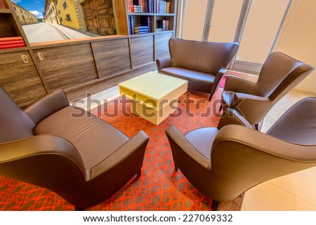 Lounge, lobby area of a hotel, office. Fragment of the modern lobby of the five stars hotel in Mexico. Interior design.