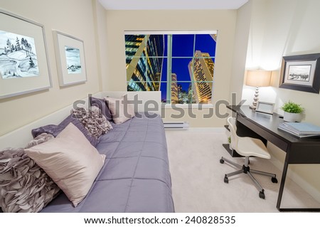 Beautiful and modern home and hotel bedroom interior design with a fantastic view at night city.