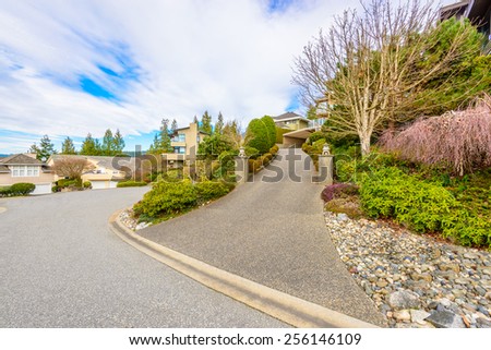 A perfect neighborhood. Houses in suburb at Spring in the north America.