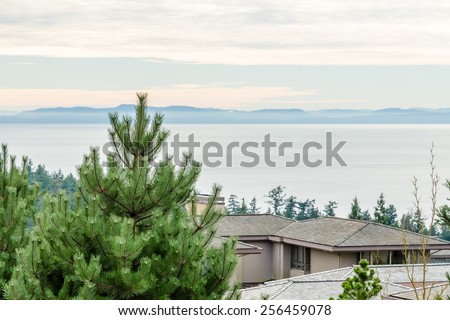 Luxury house in Vancouver, Canada. Ocean view. Limited number of colours. Brown, grey and green.