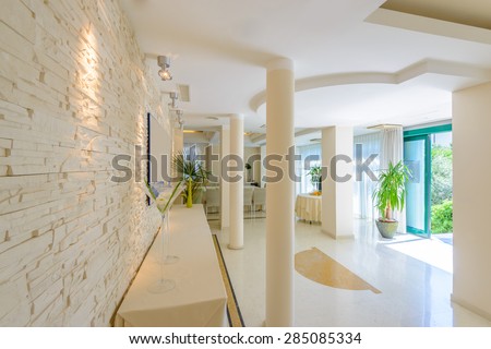 Large luxury dining room interior. New empty hotel or home space.