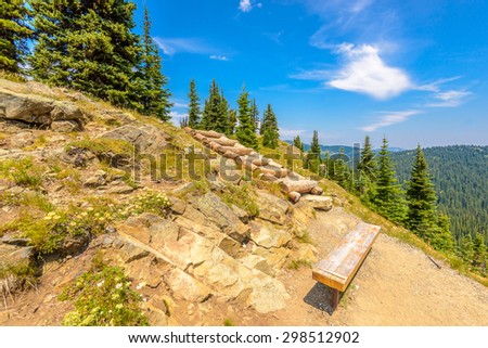 Beautiful Mountain Trail. Staircase and picnic bench. Blackwall Peak Trail at Manning Park in British Columbia. Canada.