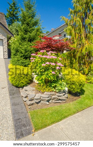 Flowers in front of the house, front yard. Landscape design.