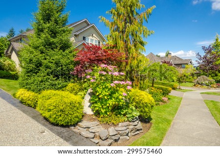 Flowers in front of the house, front yard. Landscape design.