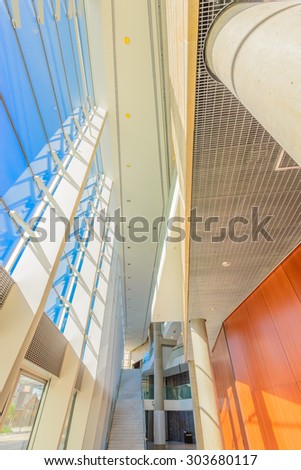 Abstract fragment of architecture of modern lobby, hallway of the luxury hotel, shopping mall, business center in Vancouver, Canada. Interior design.