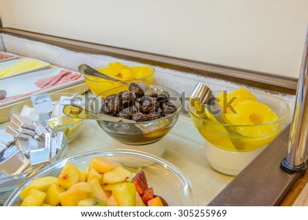 Detail of a beautiful breakfast buffet with a rich choice, healthy food.