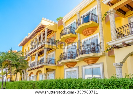 Modern apartment buildings in Playa Del Carmen, Mexico.
