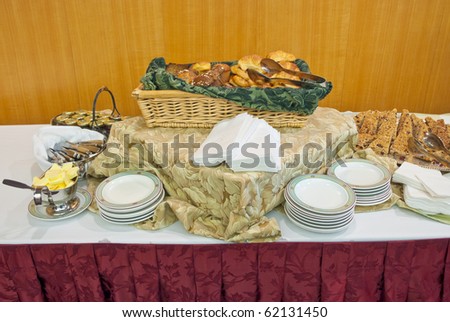 Catering or buffet party on business seminar conference. Shallow depth of field. Focus on the closest plates.