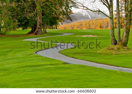 Golf place with nice green and curved path over fall forest and snow mountain.