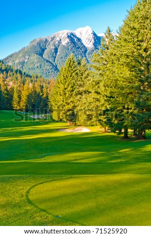 Golf place with gorgeous green and snow mountain view.