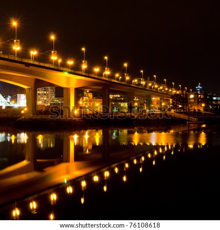 Cambie Bridge At Night, Downtown of Vancouver, Canada.