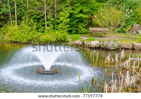 Outdoor landscape garden with pond and fountain in North Vancouver, British Columbia, Canada. Sunset light.