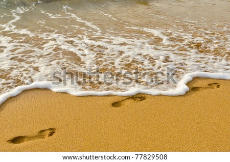 Human footprints leading away from the viewer into the sea