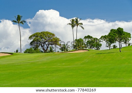 Tropical golf place with gorgeous green and beautiful white clouds over blue sky view