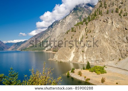 Mountain landscape with blue Seton Lake in Coastal Mountains. Lillooet, British Columbia, Canada.