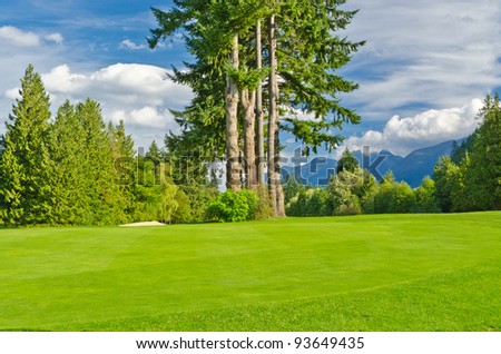 Golf place with gorgeous green and fantastic mountain and blue sky view
