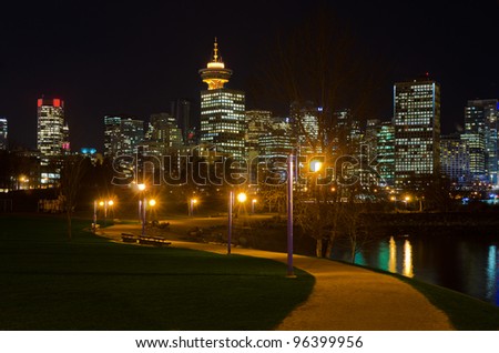 Seaside promenade at night in Vancouver, Canada.