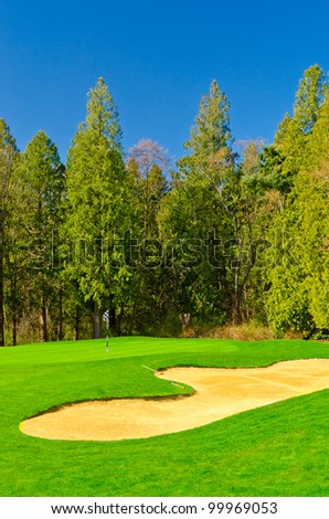 Sand bunker on the golf course with green grass and trees over blue sky.