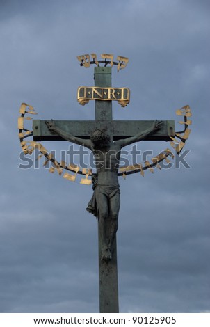 One of the many sculptures on Charles Bridge, Prague: Jesus on the cross,