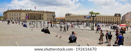 BOGOTA, COLOMBIA - MAY 06, 2014: Plaza de Bolivar is a historic square in the heart of Bogota. In the square stands a statue of Simon Bolivar created in 1846. It is the first public monument in Bogota