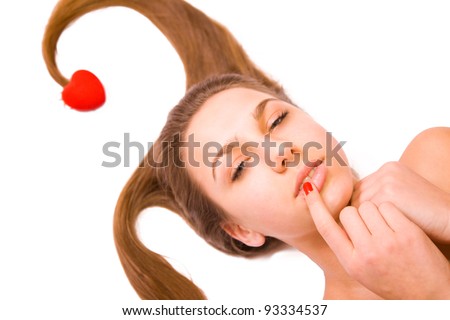 stock photo Young teen girl red heart toy isolated on white young teen girl