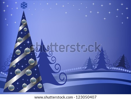 Christmas fur-tree with silver spheres and a tape on a blue background with stars