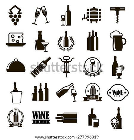 25 black vector icons of food and drinks, wine and beer symbols on a white background