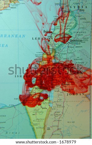 Map if Israel and Lebanon with red blood like dye pouring over it.