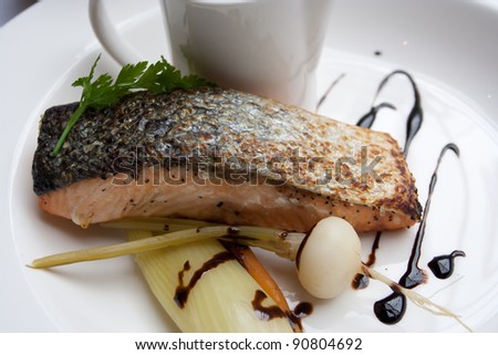 A dish of Salmon stake in a hotel, UK.