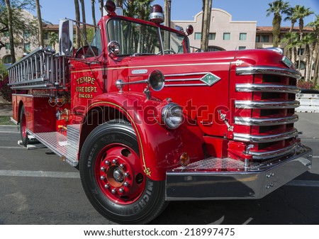 Tempe, Arizona - March 30, 2014:  Historic antique fire engine on public display at the Tempe Art Festival in Tempe, Arizona.