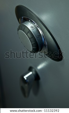 Combination lock and handle on a safe.