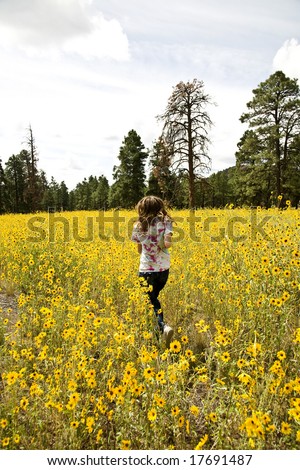 Young teen girl running away into a field of blooming wild sunflowers.