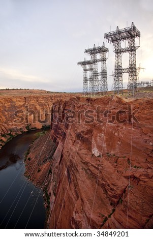 Power lines from the Glen Canyon Dam hydro-electric generating station at Lake Powell near Page Arizona.