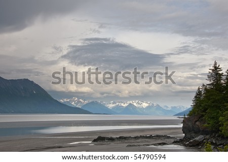 A view of Cook Inlet at low tide in Turnagain Arm in Chugach National Forest, Alaska.
