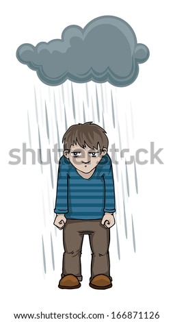 Cartoon Man With A Dark Rain Cloud Over His Head, Vector Illustration