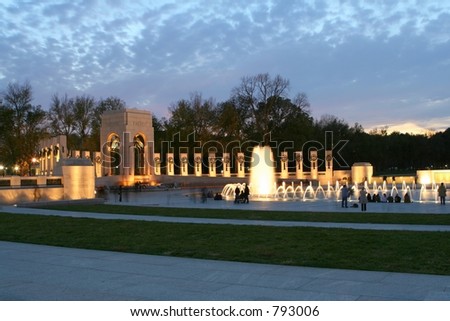 The World War II Monument in Washington, DC at night.