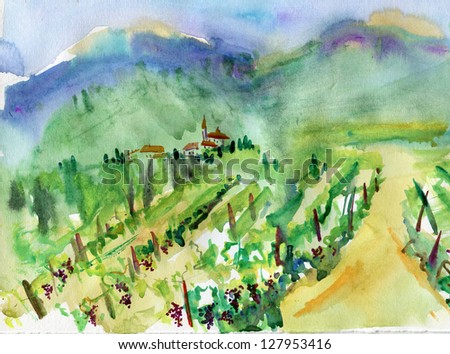 Art, vineyard, landscape, painting (watercolor)