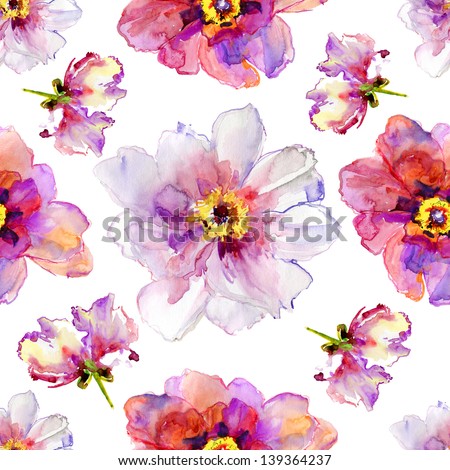 Seamless pattern with peony flowers. Watercolor illustration.