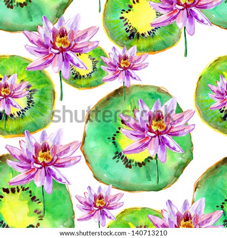 Seamless Pattern with  Lotus and Kiwi . watercolor