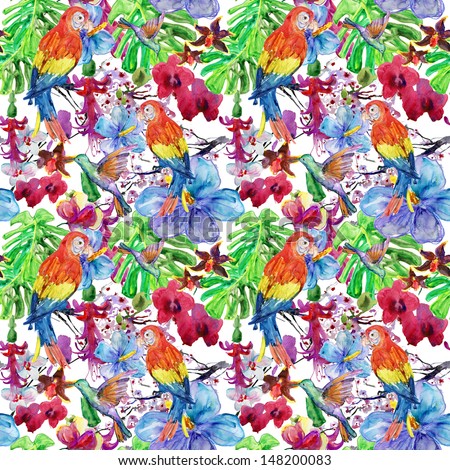 seamless watercolor pattern flora tropical flowers birds and leaves seamless watercolor pattern flora tropical flowers birds and leaves