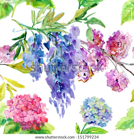 Seamless Wallpaper With Colorful Sakura, Wisteria And Hydrangea Flower, Watercolor Illustration