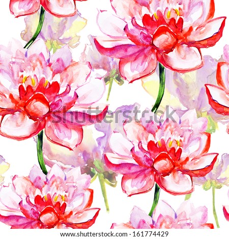 pink lotus and peony flowers. watercolor pattern