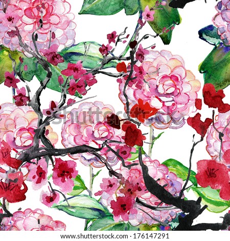 Abstract watercolor hand painted backgrounds with cherry pink camellia and plums flowers Abstract watercolor hand painted backgrounds with cherry pink camellia and plums flowers