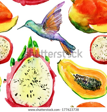 fruit pattern with bird. watercolor.