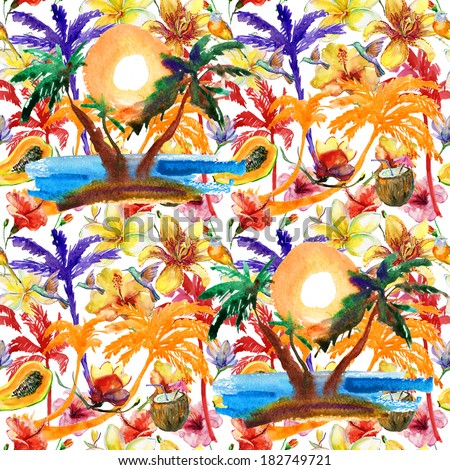 summer feeling pattern. fruits, flowers and palmtrees. watercolor painting