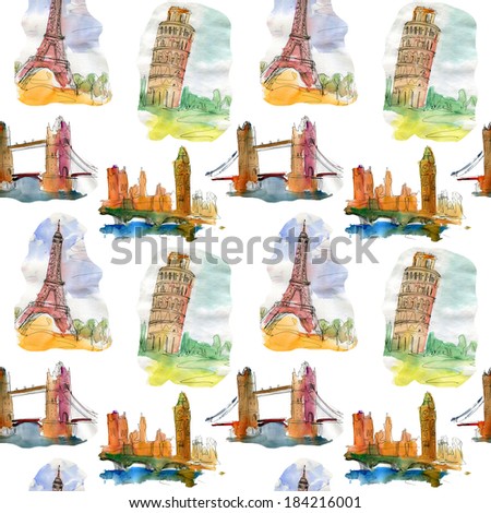 seamless pattern with city backgrounds. Pisa, London, Paris.  Watercolor