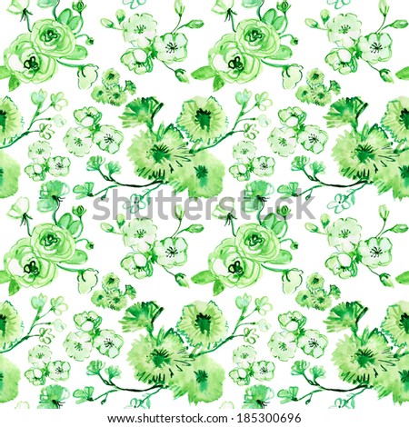Seamless watercolor floral pattern. Hand-drawn green watercolor floral silhouettes on white background.