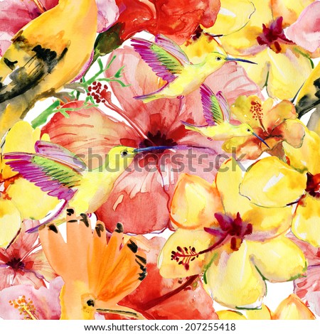 watercolor pattern of exotic flowers and birds.